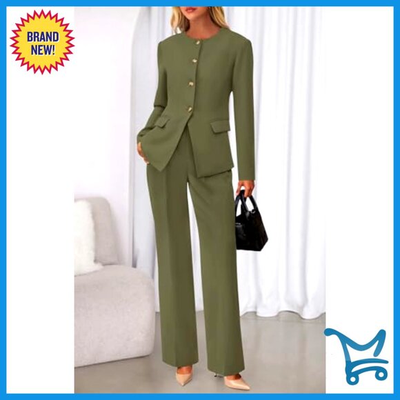 Long Sleeve Blazer Wide Leg Pant Suit Set Business Casual Office Wear - Picture 4 of 7